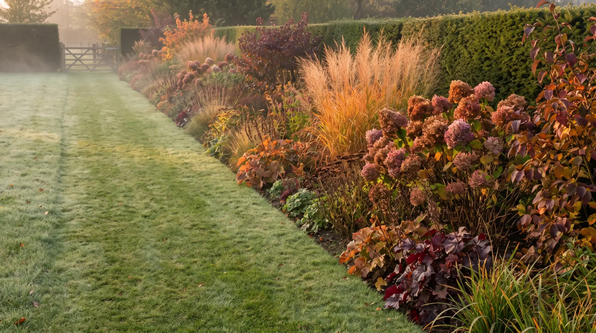 Misty October border along a mown grass path: backlit grasses, russet hydrangea heads and copper foliage against a clipped yew hedge, a wooden gate at the end