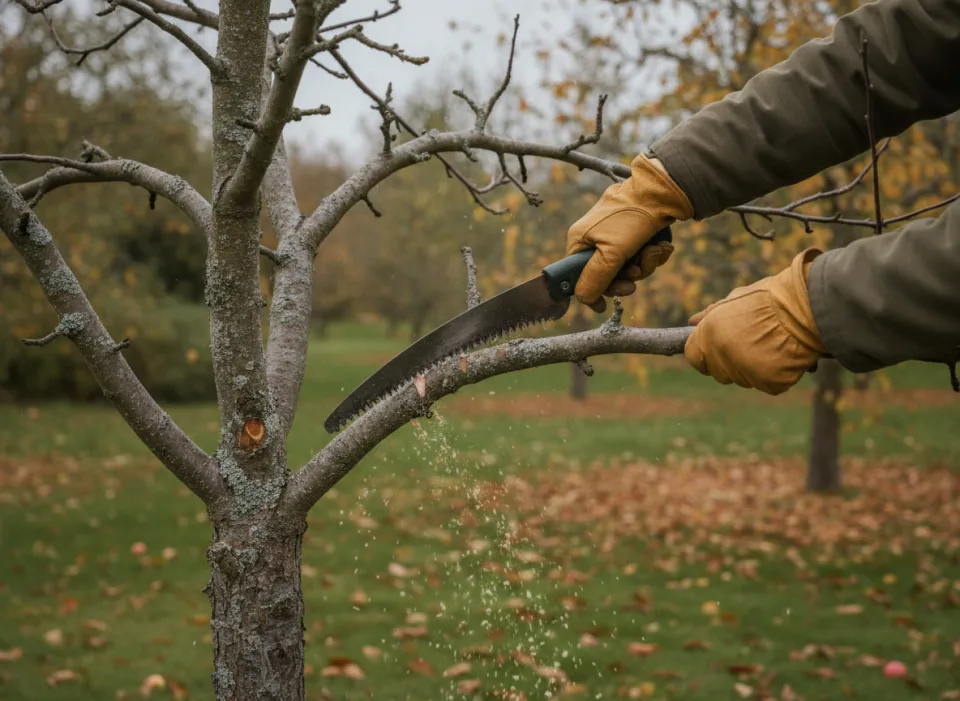 Gloved hands guiding a pruning saw across a bare lichen-covered apple branch in an autumn orchard