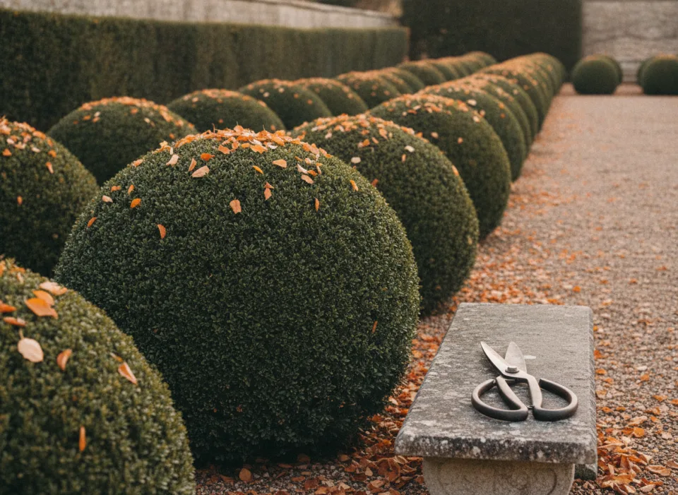 Row of clipped box balls scattered with fallen copper leaves, garden snips resting on stone bench
