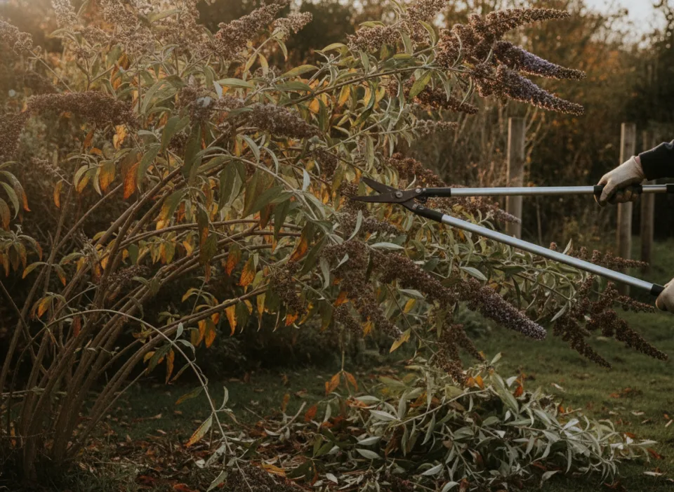 Arching buddleja with faded purple flower spikes cut back by loppers, prunings on autumn grass