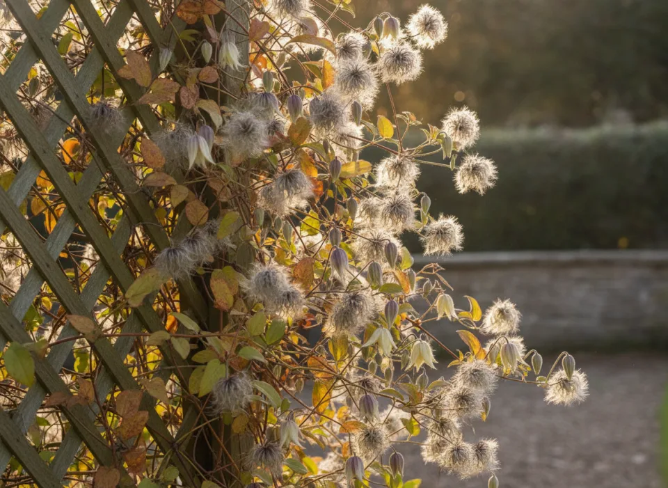 Clematis on a wooden trellis with fluffy silver seedheads and yellowing autumn leaves in low light