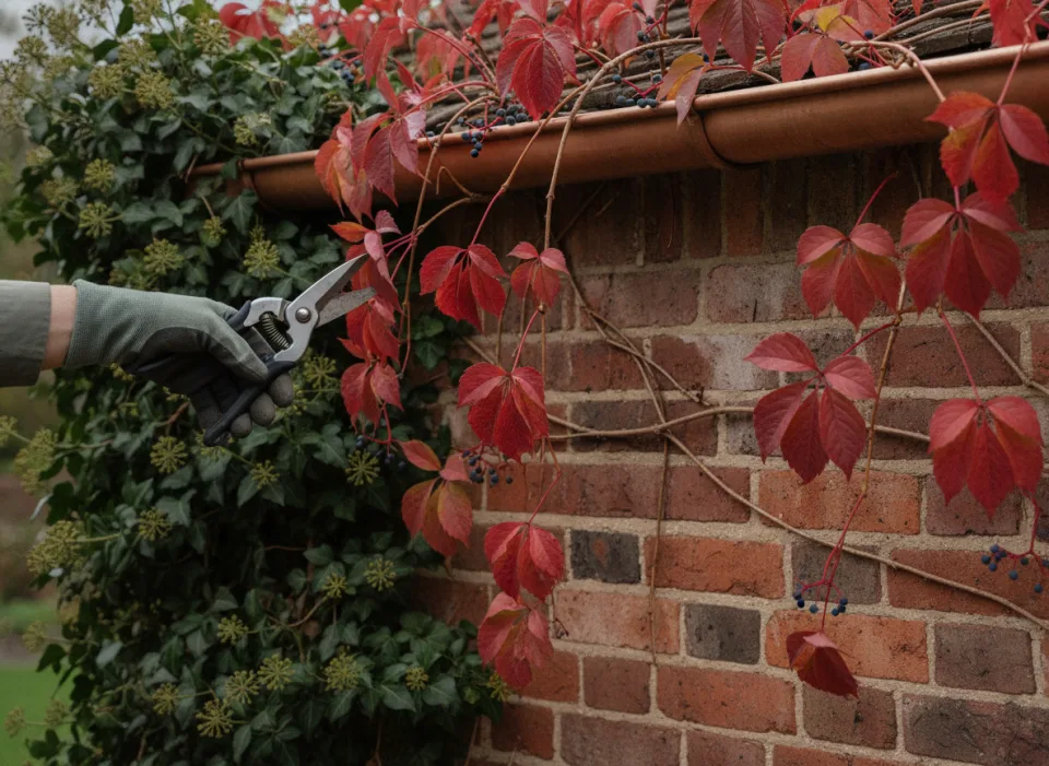 Scarlet Virginia creeper and flowering ivy on brick, gloved hand with secateurs pruning below a copper gutter