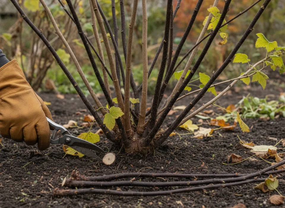 Gloved hand with secateurs cutting an old stem at the base of a nearly bare blackcurrant bush