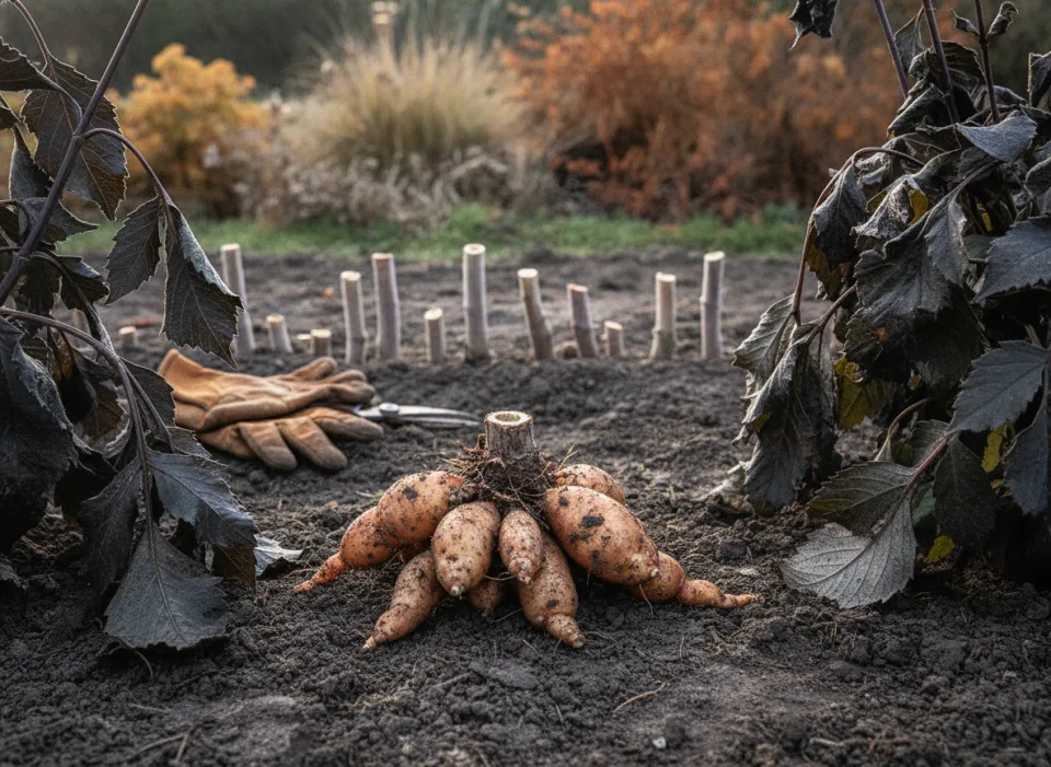 Frost-blackened dahlia foliage framing cut stem stubs and a lifted tuber clump on dark soil