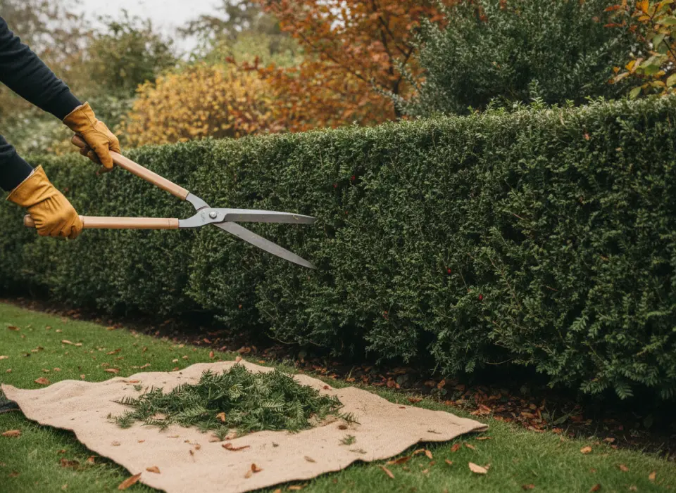Gloved hands trimming a dense yew hedge with shears, autumn clippings piled on burlap sheet