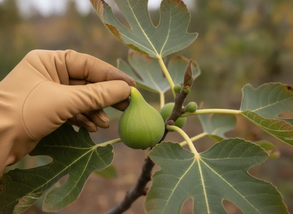 Gloved hand pulling a large unripe green fig from a branch, tiny pea-sized figlets at the shoot tip