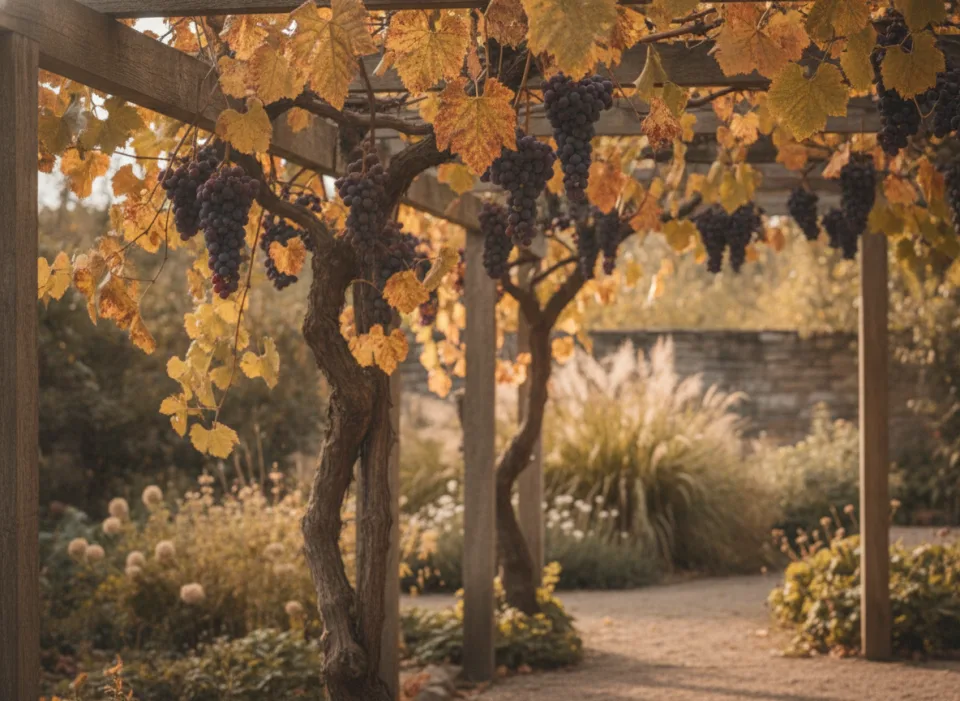 Golden autumn grapevine leaves and dark grape bunches hanging from a weathered wooden garden pergola