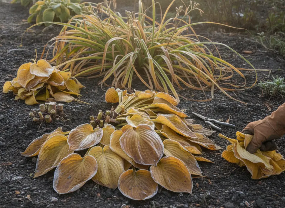Frost-collapsed hosta leaves cleared to cut crowns beside yellowing daylily foliage, gloved hand gathering them