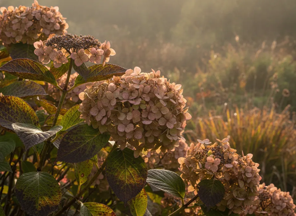 Faded papery pink and green hydrangea heads on bronzing autumn foliage, backlit by misty morning light