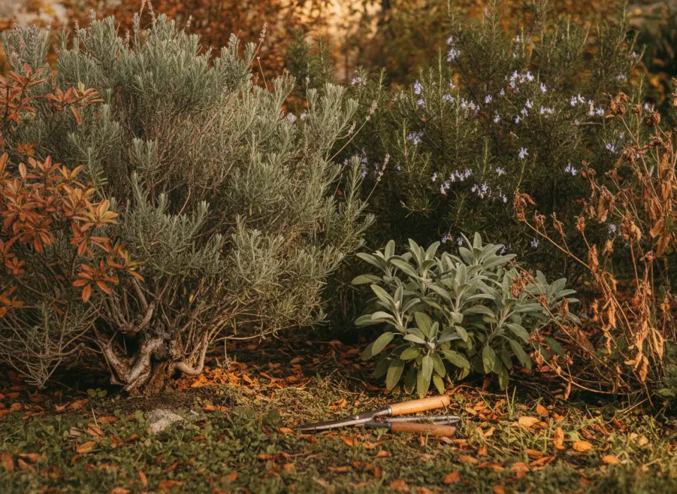 Silver lavender bush with woody base beside sage and flowering rosemary, wooden-handled shears on leaf-strewn ground