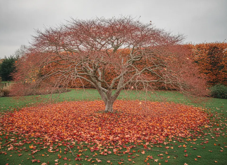 Bare Japanese maple in November with a carpet of fallen crimson leaves and a copper beech hedge behind