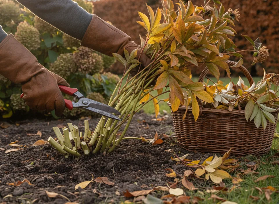 Gloved hands cutting yellowing peony stems to the ground, cut foliage piled in a wicker trug