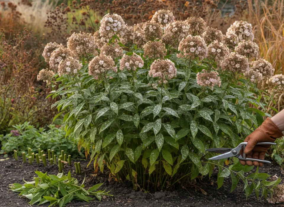 Autumn garden phlox with faded pink panicles and mildew-speckled leaves, gloved hand holding snips beside cut stems
