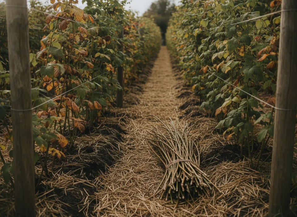 Raspberry row on wires in late September with a twine-tied bundle of cut brown canes on the straw path