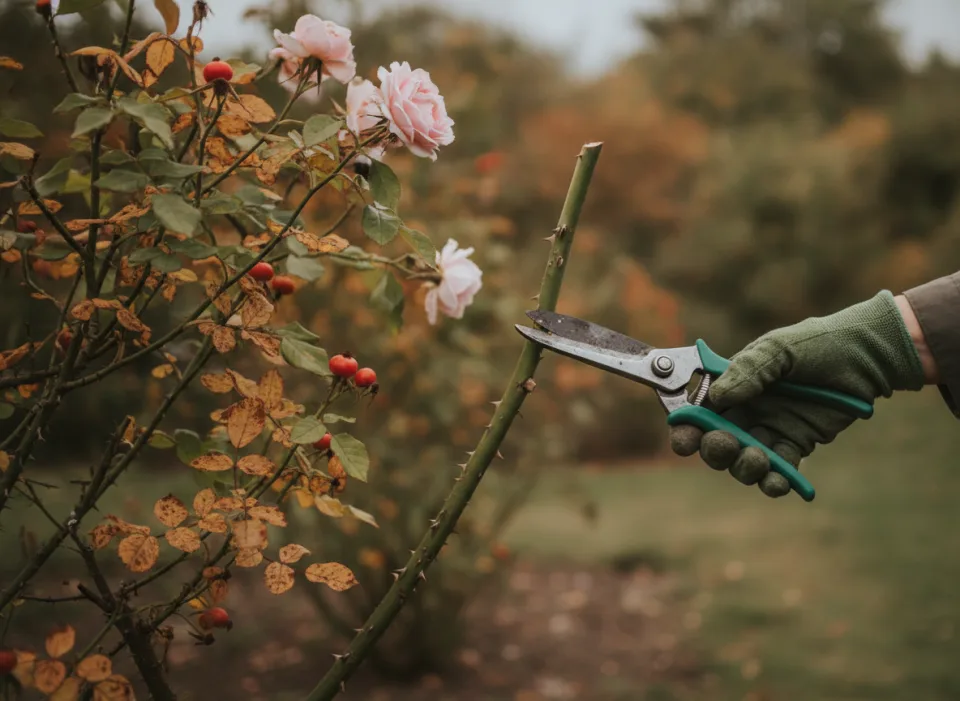 Gloved hand raising secateurs to a thorny rose cane beside autumn hips and pale blooms