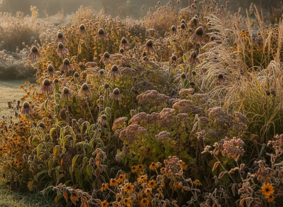 Frosted echinacea and sedum seedheads with ornamental grasses catching low autumn sun in an uncut border
