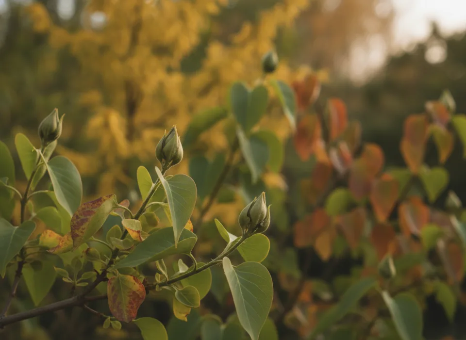 Close-up of a lilac branch with plump green flower buds, autumn-spotted leaves, golden bokeh behind