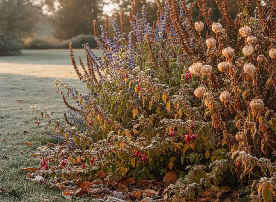 Hardy fuchsia in red pendant flower beside frosted lawn, blue caryopteris spikes and copper seedheads behind