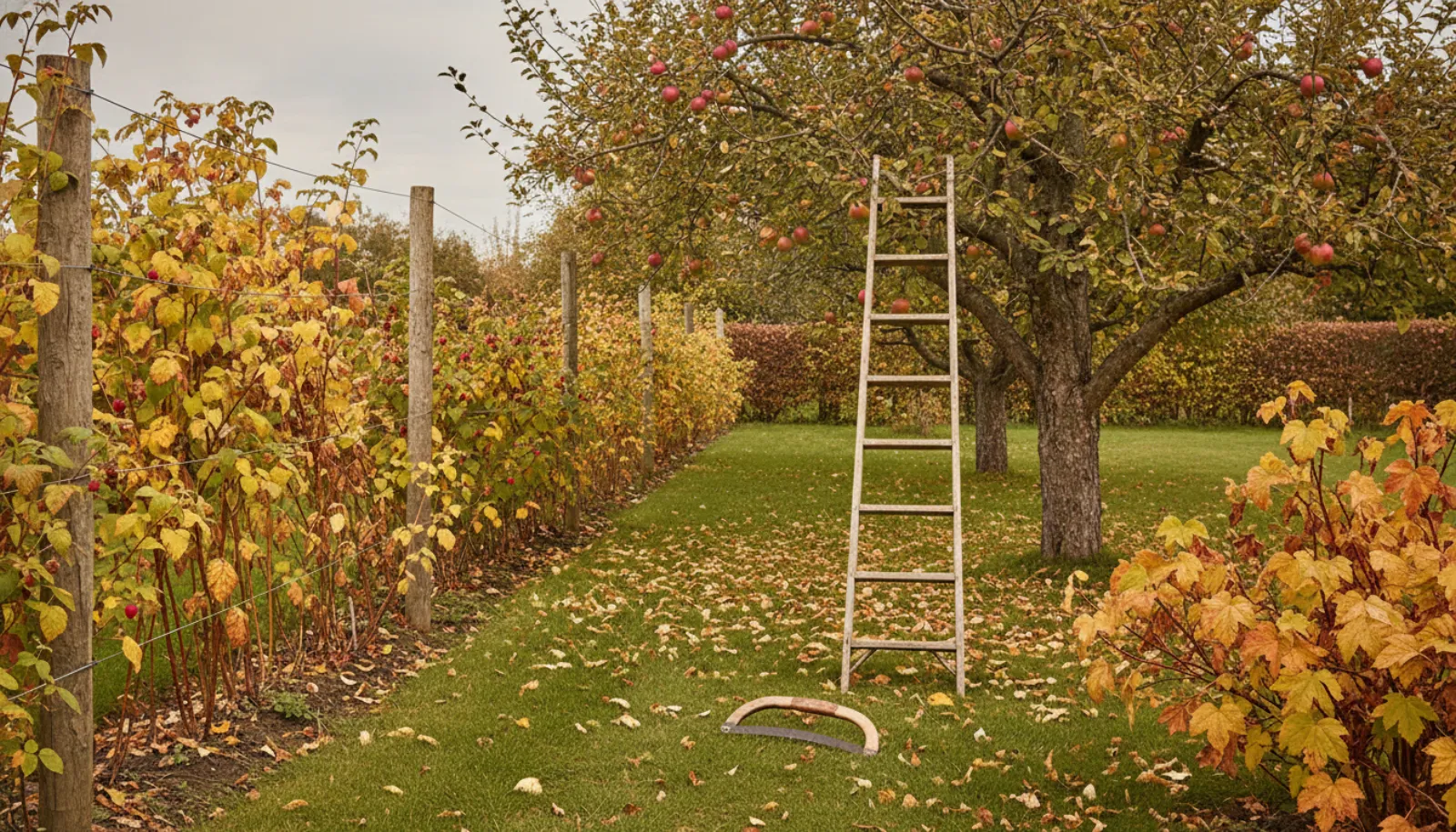 Raspberry canes on wires, apple tree with red fruit, blackcurrant bush, wooden ladder and saw on grass