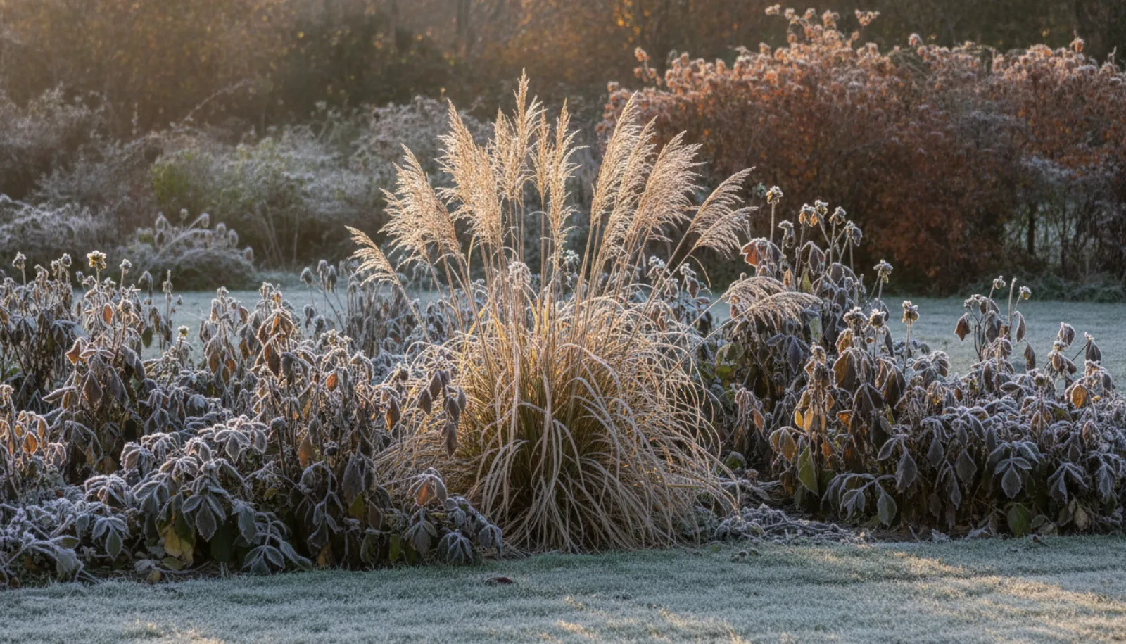 Frost-rimed garden border at dawn: golden grass plumes, frost-blackened dahlia foliage, coppery hedge behind