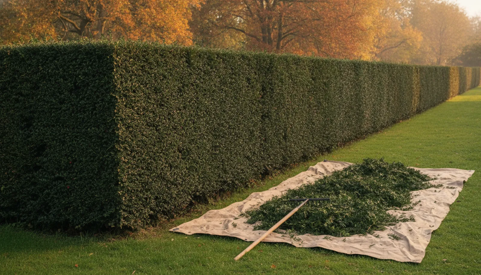 Freshly trimmed yew hedge receding past a tarpaulin of clippings and a rake, autumn trees behind