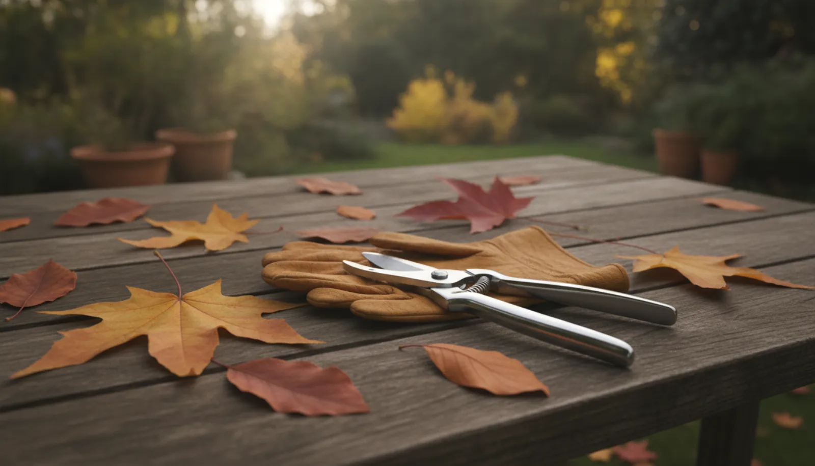 Bypass secateurs resting on tan leather gloves atop a weathered garden table strewn with autumn maple leaves