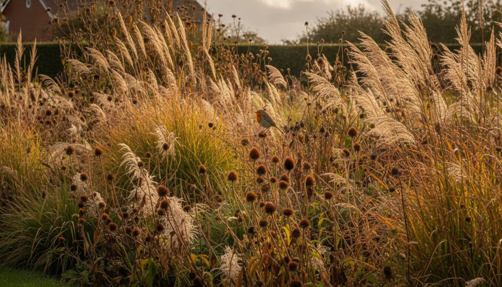 European robin perched on an echinacea seedhead among backlit ornamental grasses in an autumn border