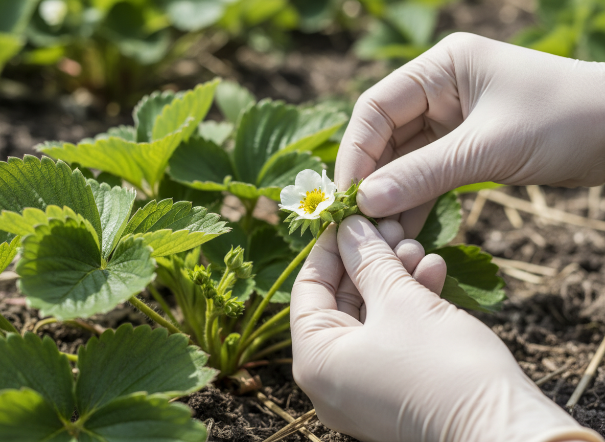 Hoe je een aardbeibloem afknijpt zonder de krocht te beschadigen