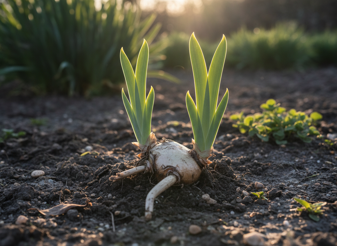 Terugplanten: wortelstok bovenop, zon op zijn rug