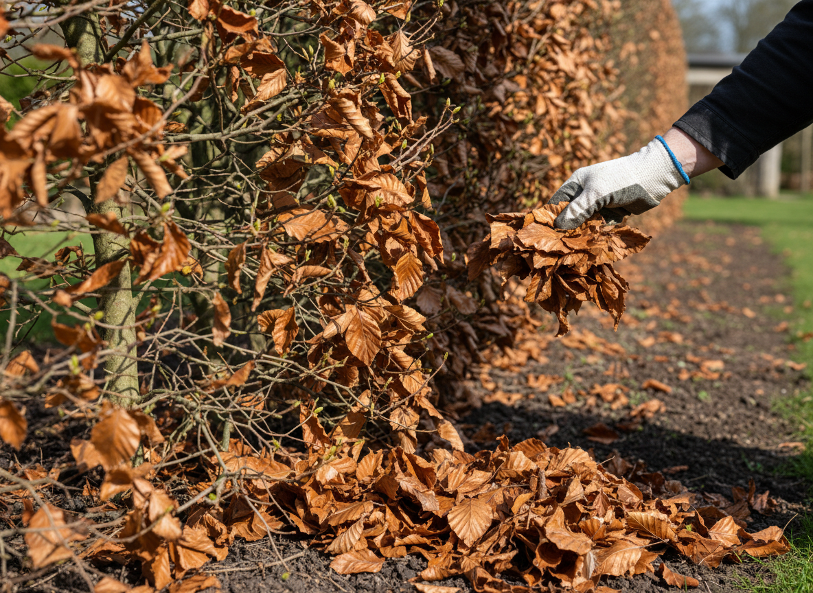 Before you cut: clear last year's leaves from inside the hedge