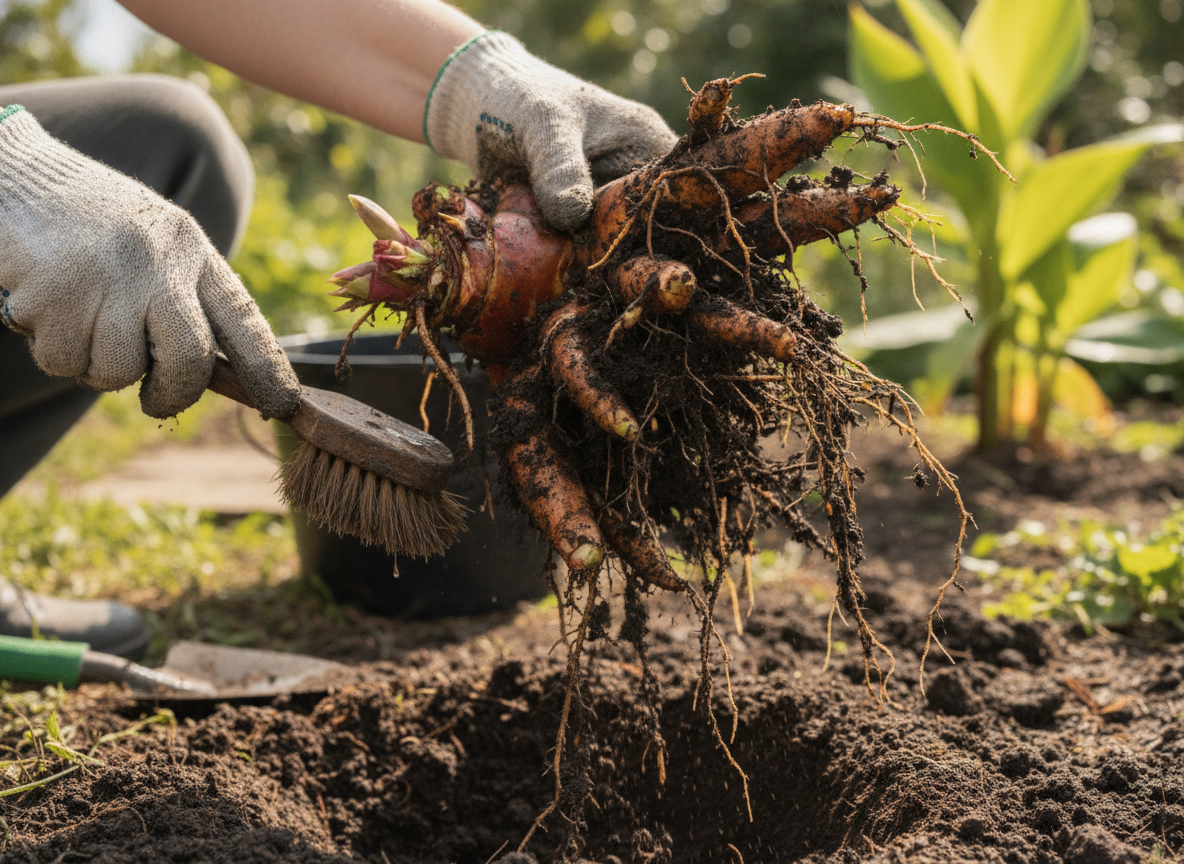 Lifting and cleaning the rhizome