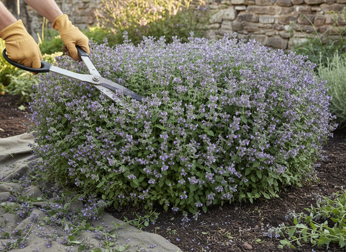 Shear the whole plant — catmint is the rare perennial that wants a hedge cut