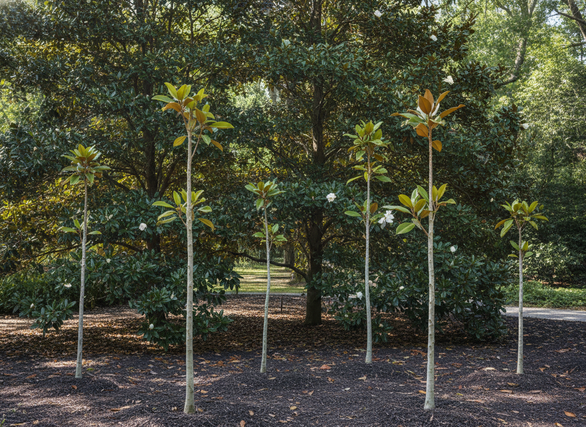 Young trees and evergreen magnolias