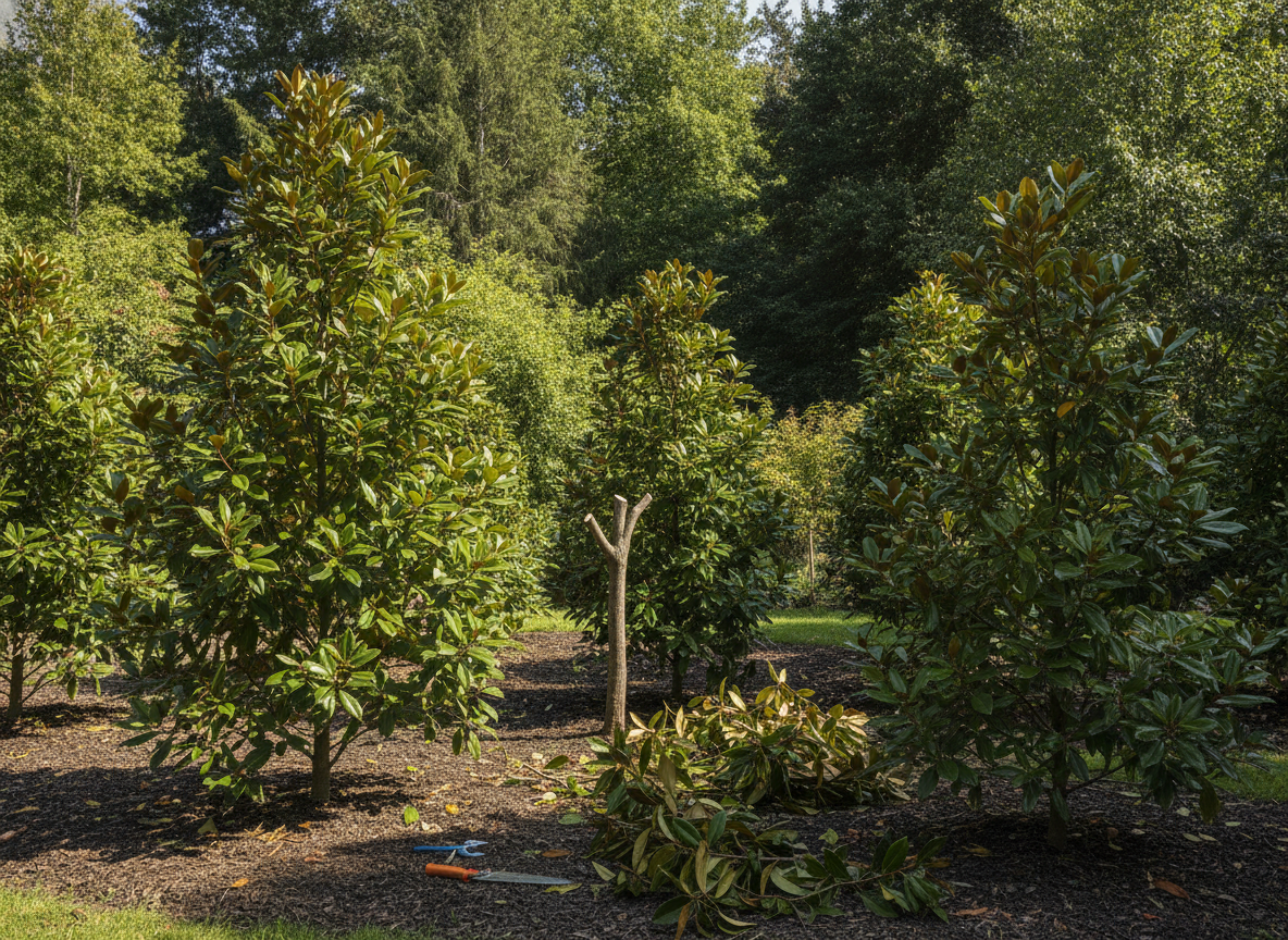 Jonge bomen en immergroene magnolia's