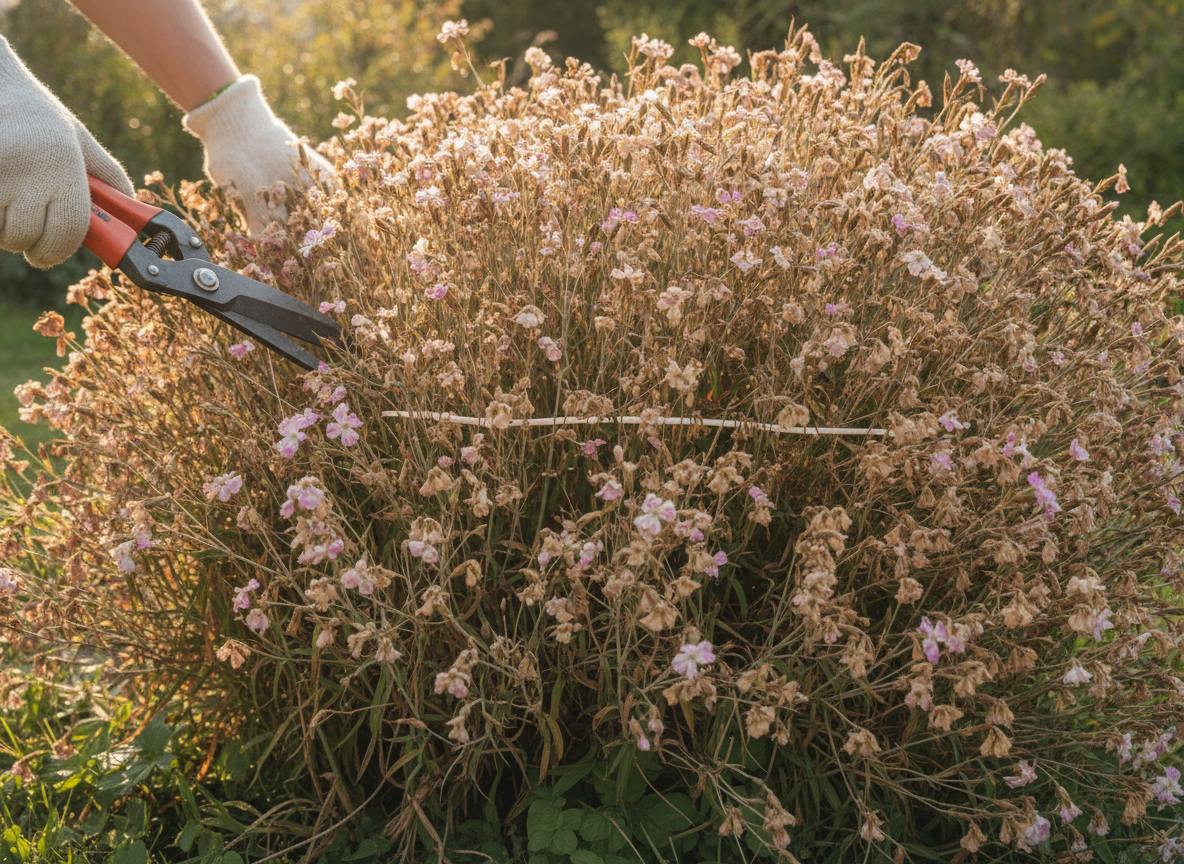 Shear the whole clump by a third — not down to the wood