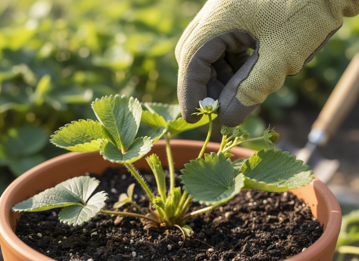 How to pinch a strawberry flower without damaging the crown