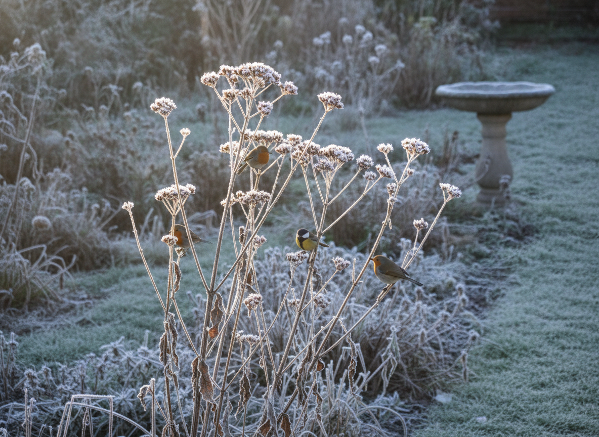 Vorst, vogels en een tuin met nog iets te zien